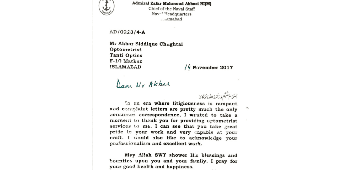 Letter From The Honorable Chief Of Naval Staff Of Pakistan