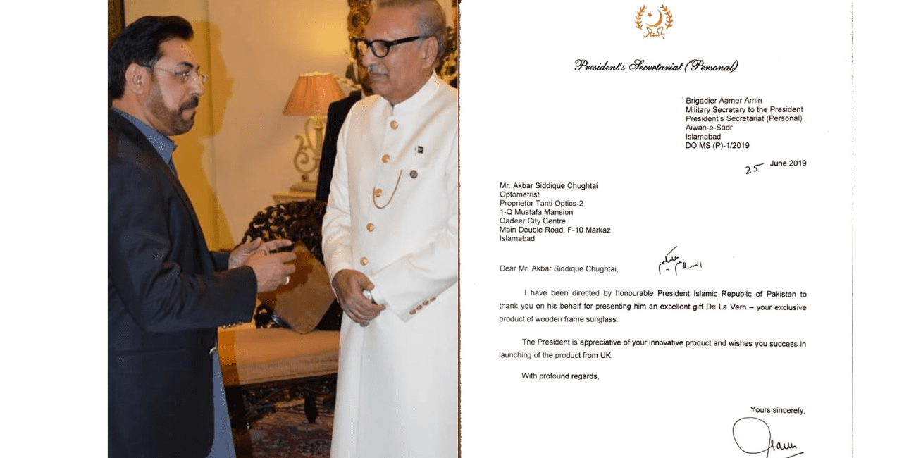 Owner Of Tanti Optics Presenting the Honorable President Of Pakistan With Glasses